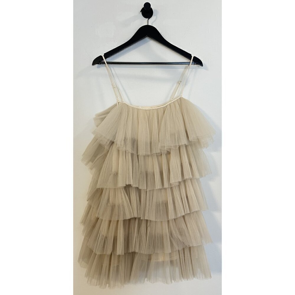 MAEVE by Anthropologie Tiered Tulle Mini Dress in Taupe Size Large - Picture 4 of 14